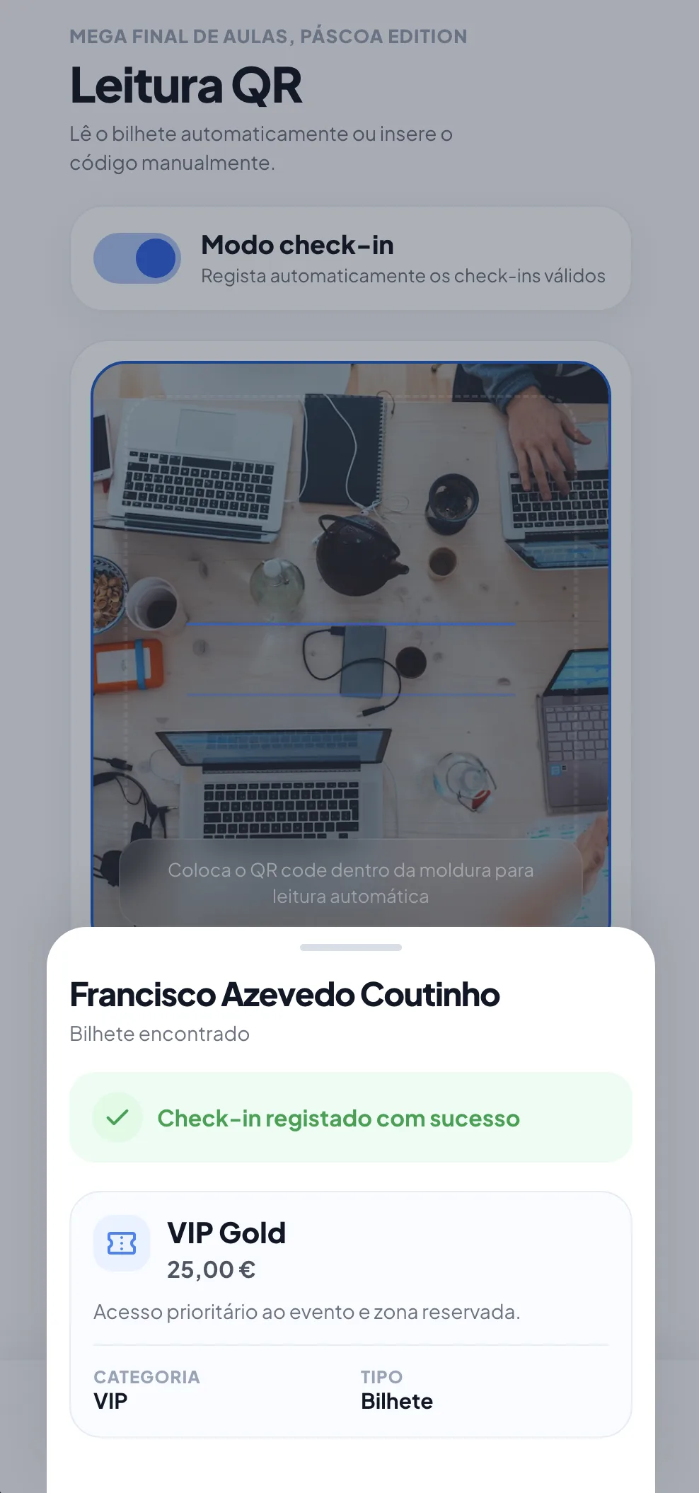 Leitura QR Code na App Zicketo Business para check-in de eventos