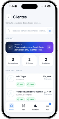 In the app, the organizer and team monitor metrics, validate admissions, and access critical information during the event.