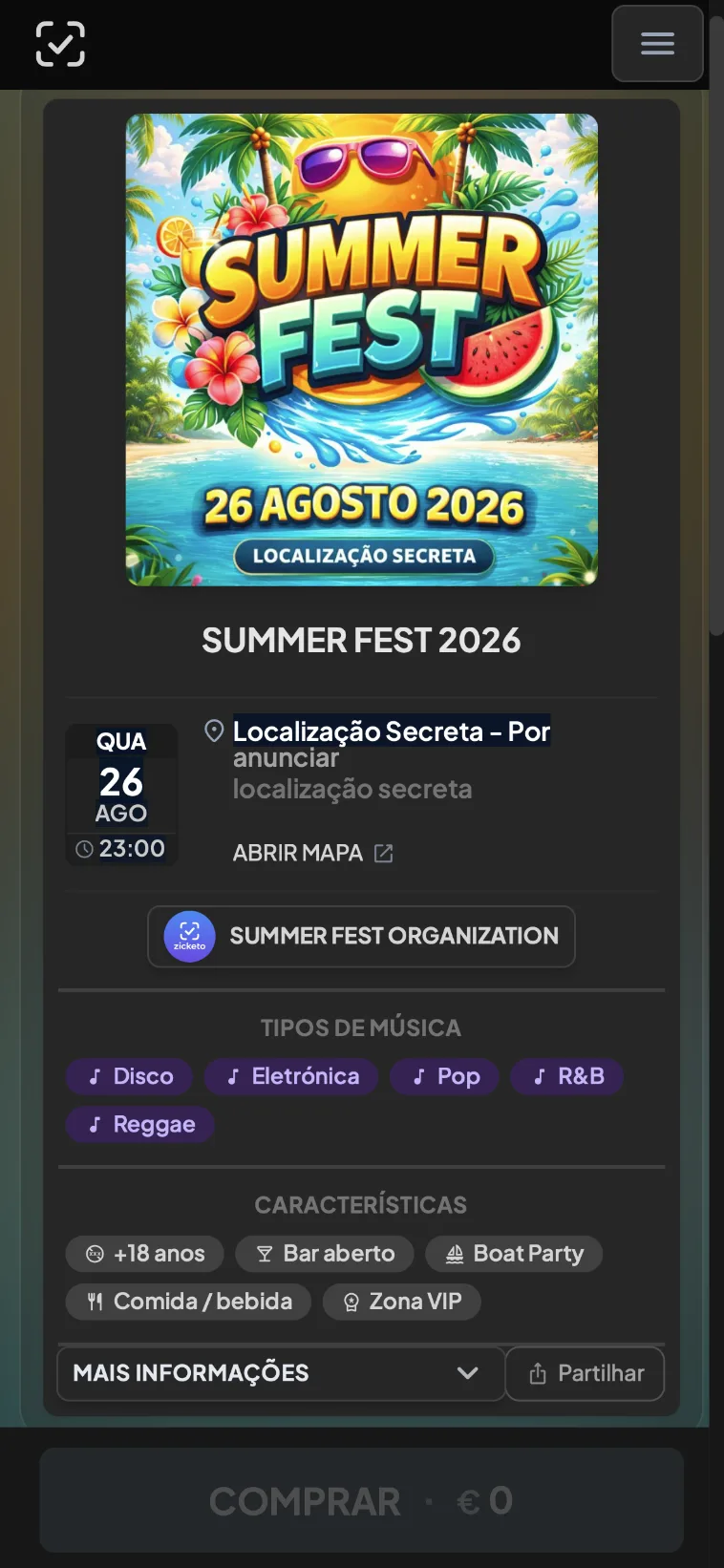 Checkout mobile para compra de bilhetes online na Zicketo